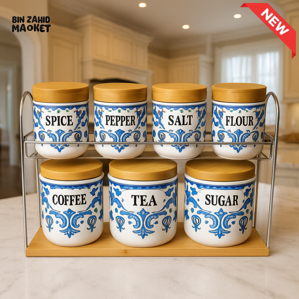 BLUE & WHITE CERAMIC KITCHEN CANISTER SET 7 PIECES – TEA COFFEE SUGAR SPICE BAMBOO LIDS