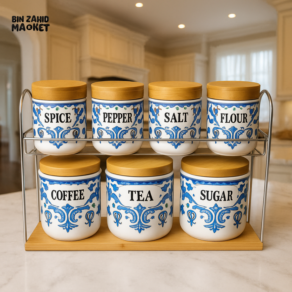 BLUE & WHITE CERAMIC KITCHEN CANISTER SET 7 PIECES – TEA COFFEE SUGAR SPICE BAMBOO LIDS