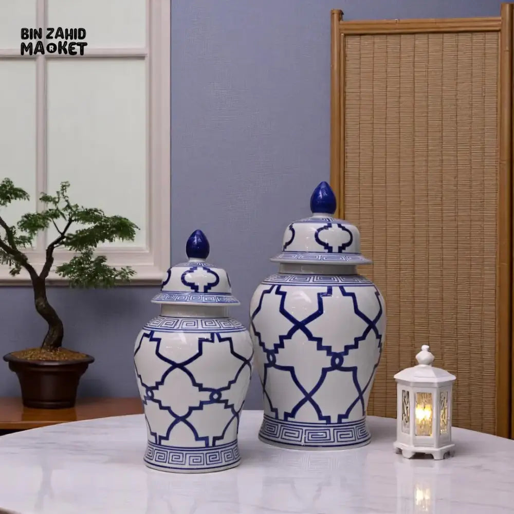 BLUE & WHITE PORCELAIN JAR – GREEK KEY PATTERN ORIENTAL VASE DECOR