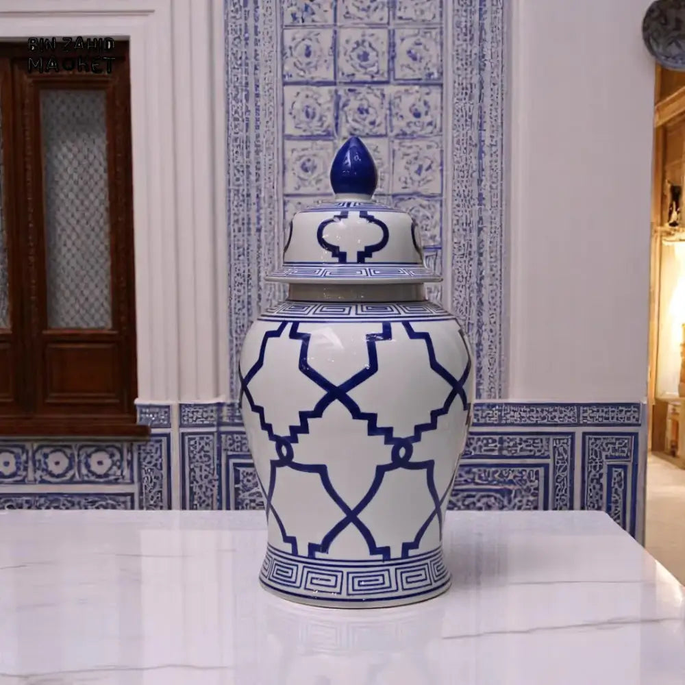 BLUE & WHITE PORCELAIN JAR – GREEK KEY PATTERN ORIENTAL VASE DECOR LARGE