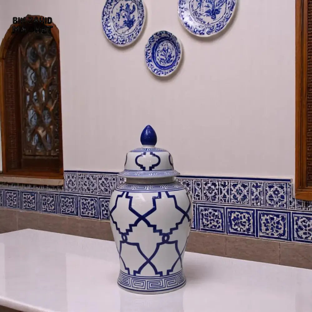 BLUE & WHITE PORCELAIN JAR – GREEK KEY PATTERN ORIENTAL VASE DECOR SMALL