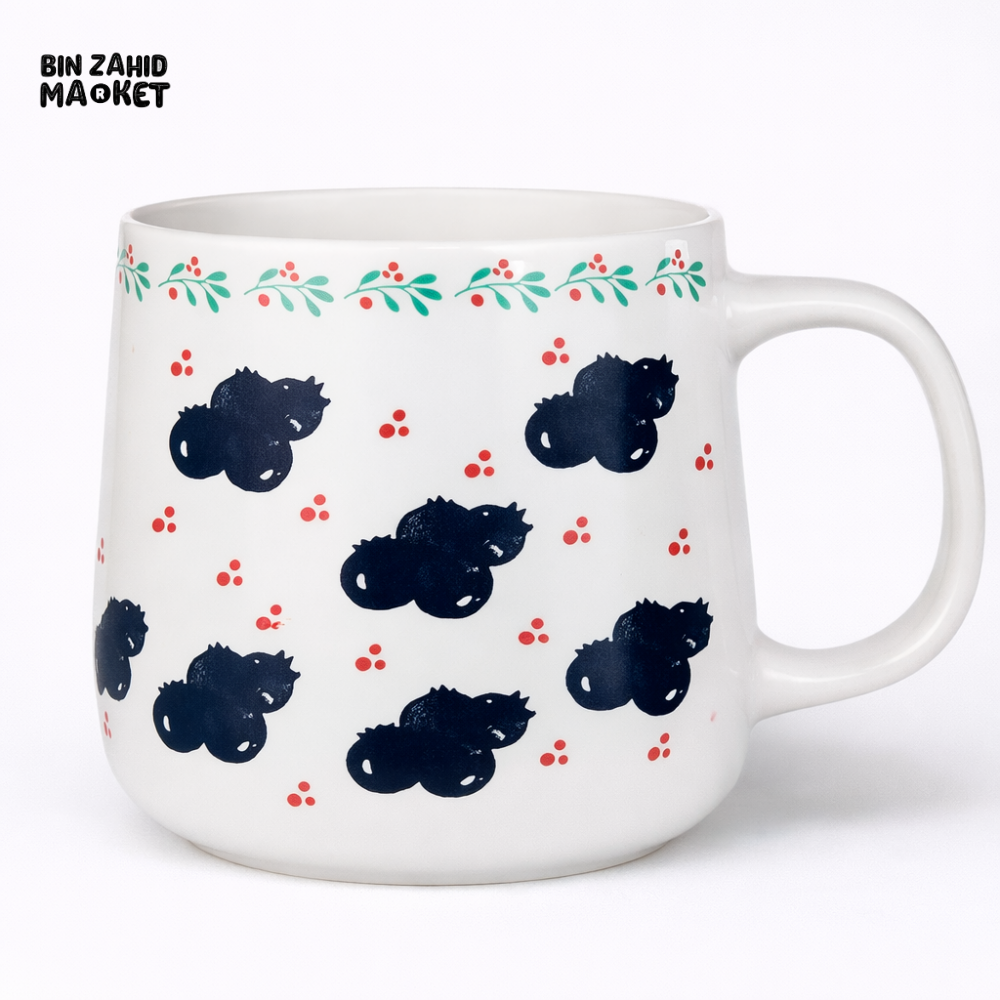 BLUEBERRY PRINT CERAMIC MUG – WHITE COFFEE & TEA CUP WITH CUTE PATTERN