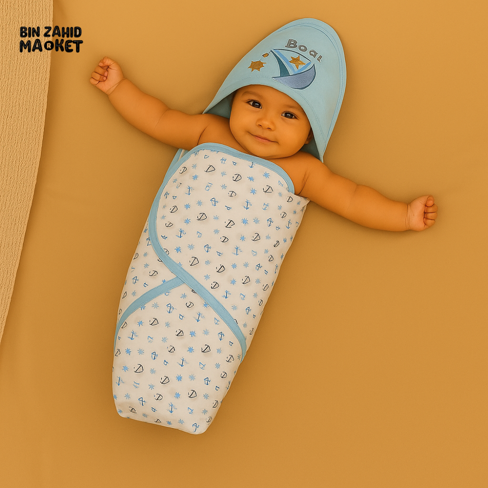 BOAT THEME BLUE HOODED BABY WRAP – NAUTICAL PRINT COTTON NEWBORN SWADDLE