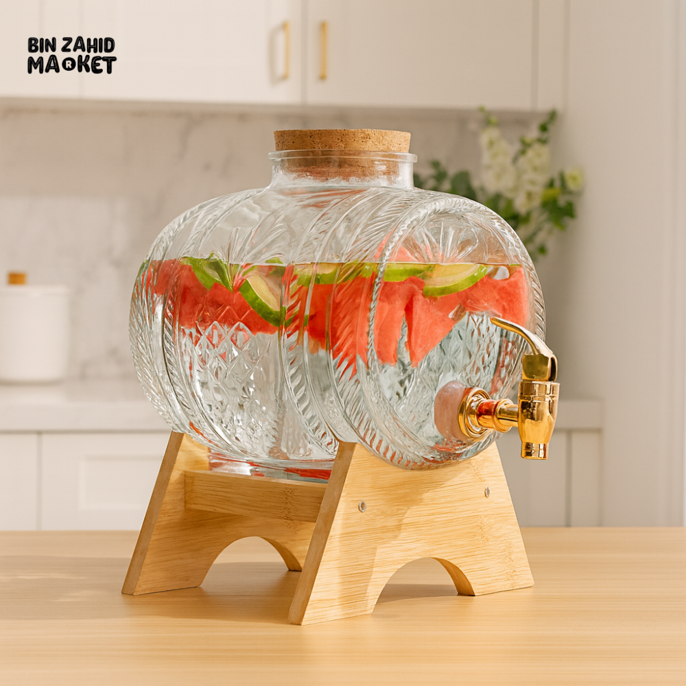 BOATLOADED GLASS WATER DISPENSER WITH WOODEN STAND