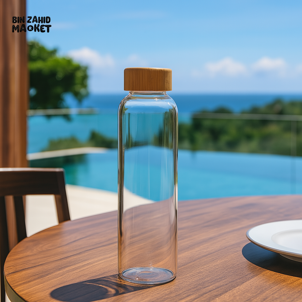 BOROSILICATE GLASS WATER BOTTLE WITH BAMBOO LID 500ML