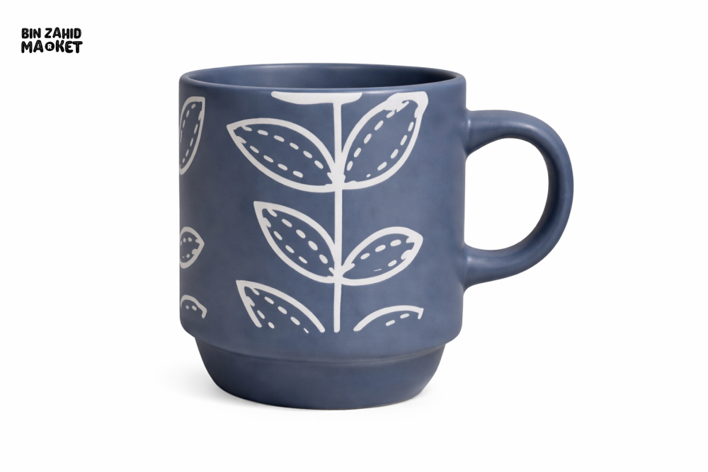 BOTANICAL PRINT CERAMIC COFFEE MUG 150ML – BLUE MINIMAL LEAF DESIGN