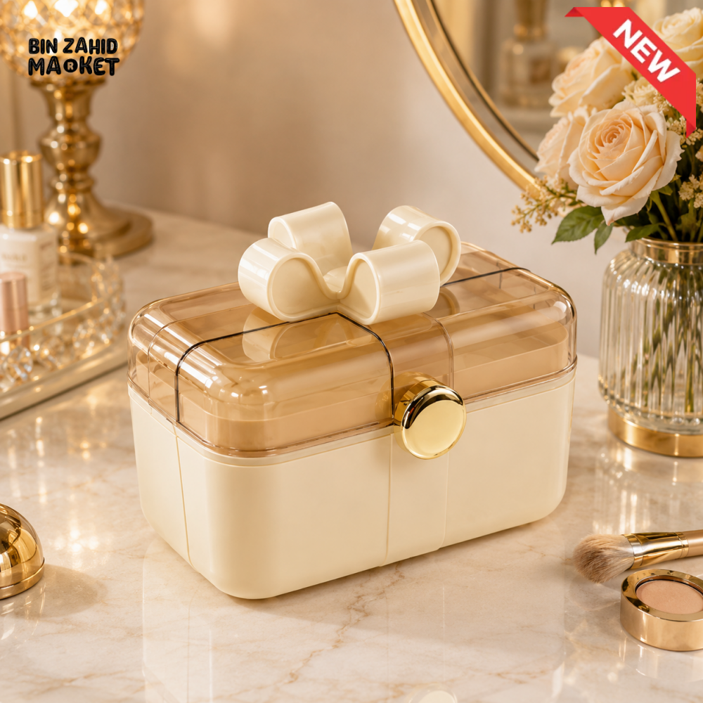 BOW DESIGN MAKEUP ORGANIZER BOX WITH TRANSPARENT LID