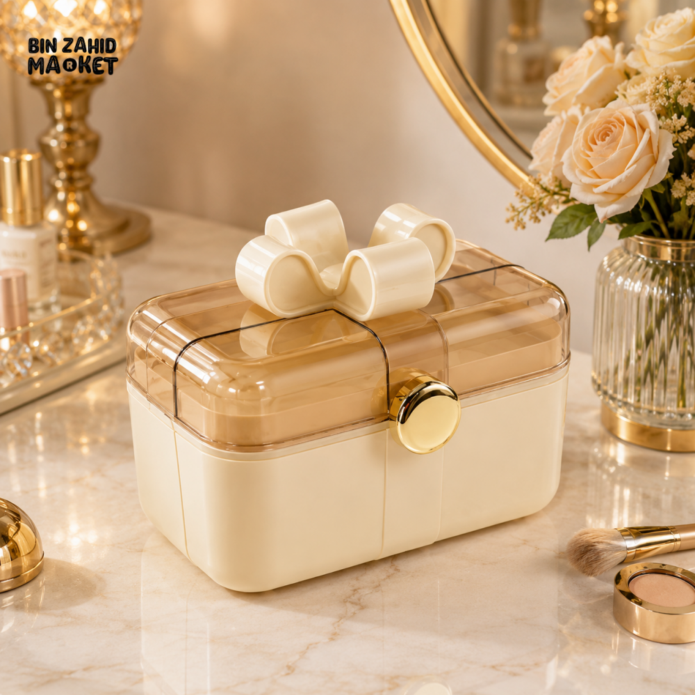 BOW DESIGN MAKEUP ORGANIZER BOX WITH TRANSPARENT LID
