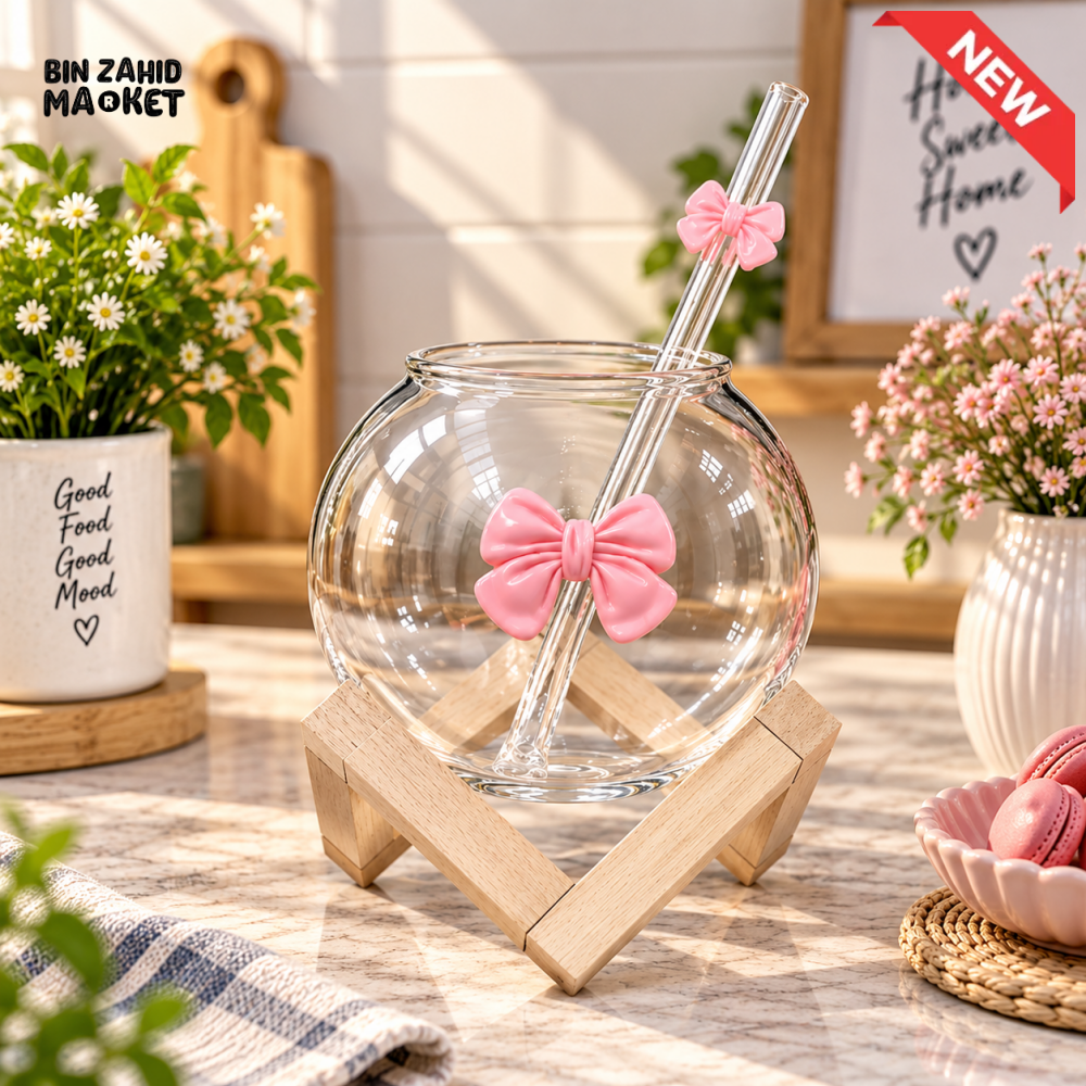 BOW DESIGN ROUND GLASS CUP WITH STRAW AND WOODEN STAND