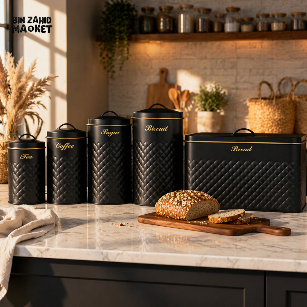 BREAD BIN & QUILTED KITCHEN CANISTER SET WITH GOLD ACCENTS (TEA COFFEE SUGAR BISCUIT) – PREMIUM METAL STORAGE SET