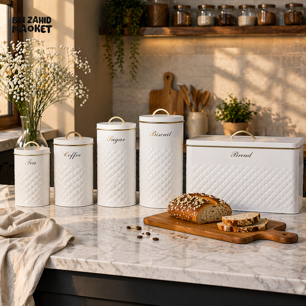 BREAD BIN & QUILTED KITCHEN CANISTER SET WITH GOLD ACCENTS (TEA COFFEE SUGAR BISCUIT) – PREMIUM METAL STORAGE SET