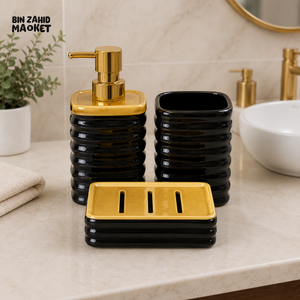 BRILLIANT 3 PCS CERAMIC BATHROOM ACCESSORY SET - BLACK & GOLD