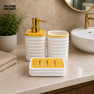 BRILLIANT 3 PCS CERAMIC BATHROOM ACCESSORY SET - WHITE & GOLD