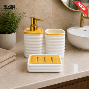 BRILLIANT 3 PCS CERAMIC BATHROOM ACCESSORY SET - WHITE & GOLD
