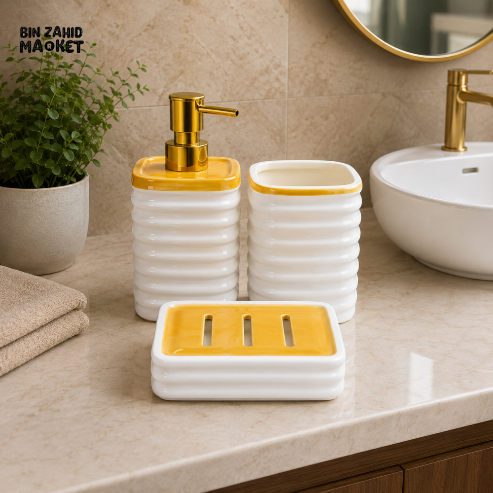 BRILLIANT 3 PCS CERAMIC BATHROOM ACCESSORY SET - WHITE & GOLD