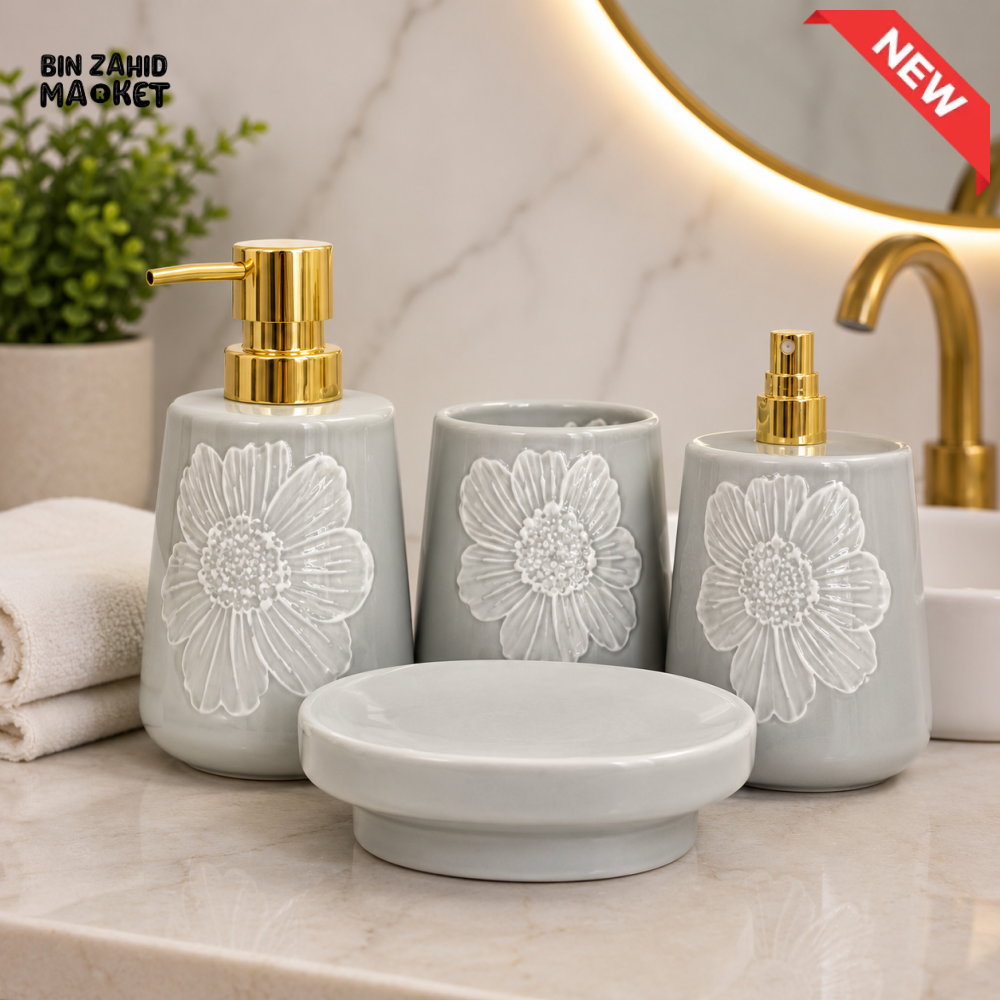 BRILLIANT 4-PIECE CERAMIC BATHROOM ACCESSORY SET – EMBOSSED FLOWER DESIGN