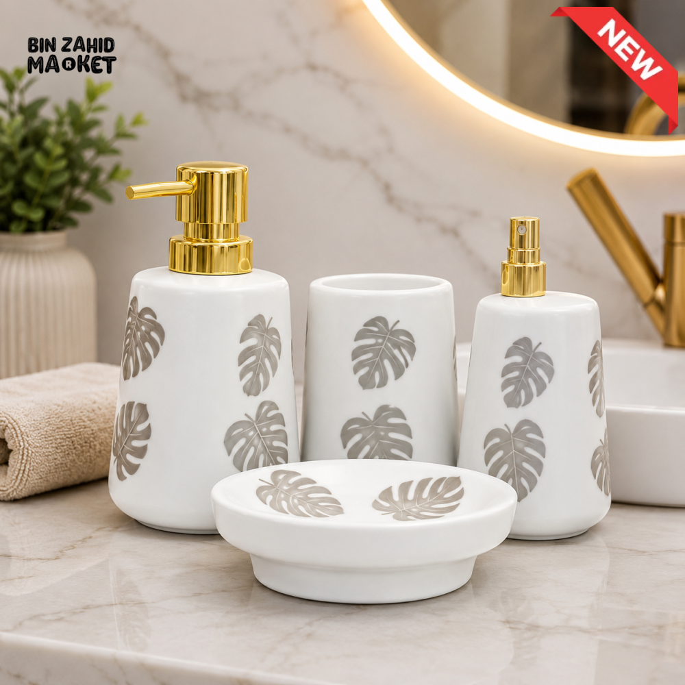 BRILLIANT 4-PIECE CERAMIC BATHROOM ACCESSORY SET – LEAF DESIGN