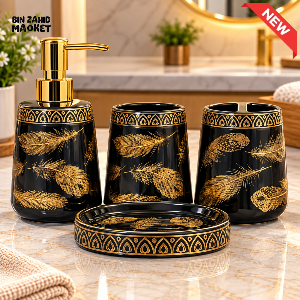 BRILLIANT 4PCS BLACK & GOLD FEATHER DESIGN CERAMIC BATHROOM ACCESSORY SET - Bathroom Accessory Sets