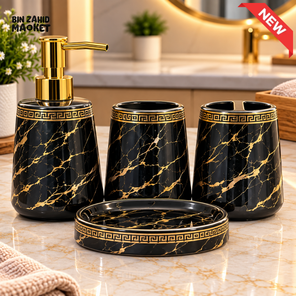 BRILLIANT 4PCS BLACK & GOLD MARBLE DESIGN CERAMIC BATHROOM ACCESSORY SET - Bathroom Accessory Sets
