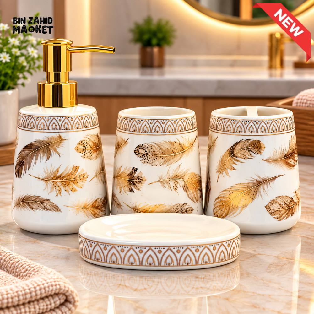 BRILLIANT 4PCS FEATHER DESIGN CERAMIC BATHROOM ACCESSORY SET - Bathroom Accessory Sets