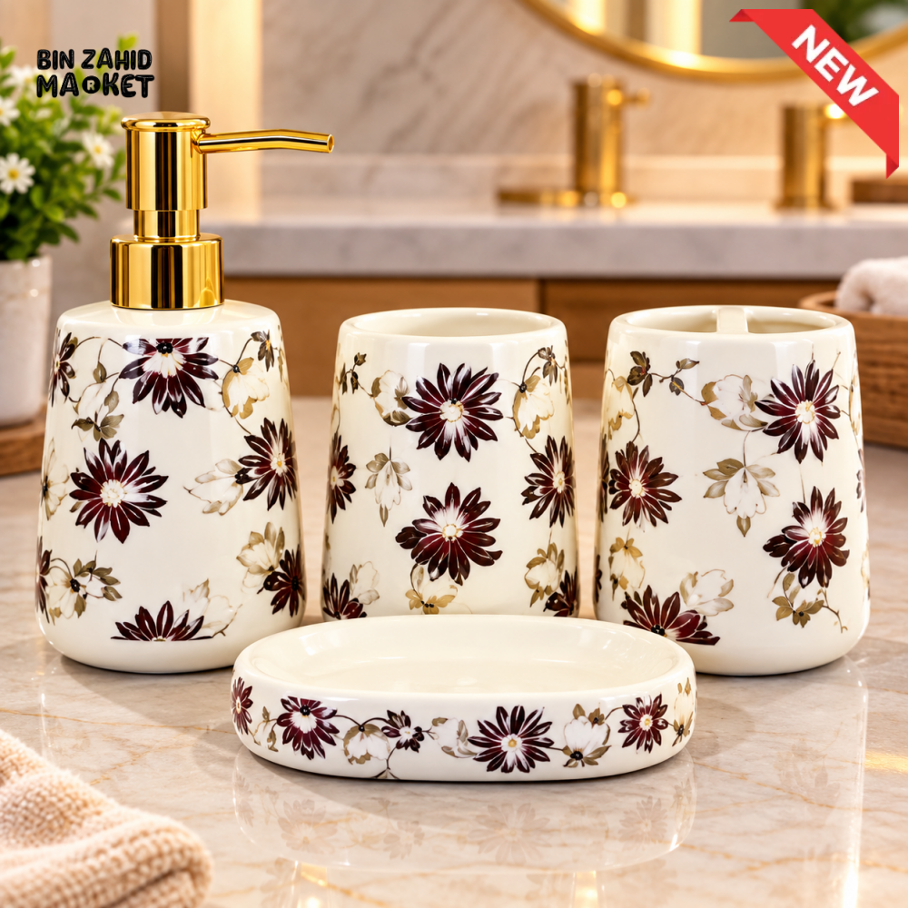 BRILLIANT 4PCS FLORAL CERAMIC BATHROOM ACCESSORY SET - Bathroom Accessory Sets