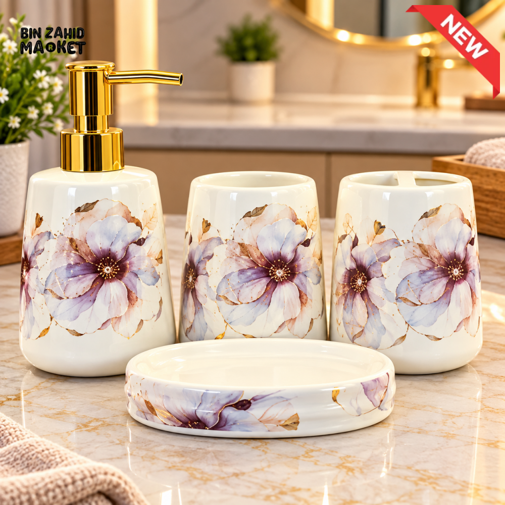 BRILLIANT 4PCS FLORAL CERAMIC BATHROOM ACCESSORY SET - Bathroom Accessory Sets