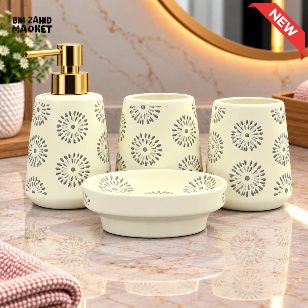 BRILLIANT 4PCS FLORAL DESIGN CERAMIC BATHROOM ACCESSORY SET - Bathroom Accessory Sets