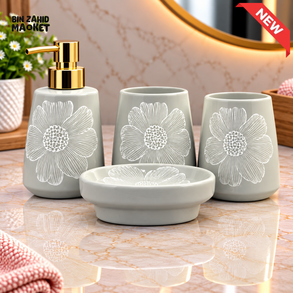 BRILLIANT 4PCS FLORAL DESIGN CERAMIC BATHROOM ACCESSORY SET - Bathroom Accessory Sets