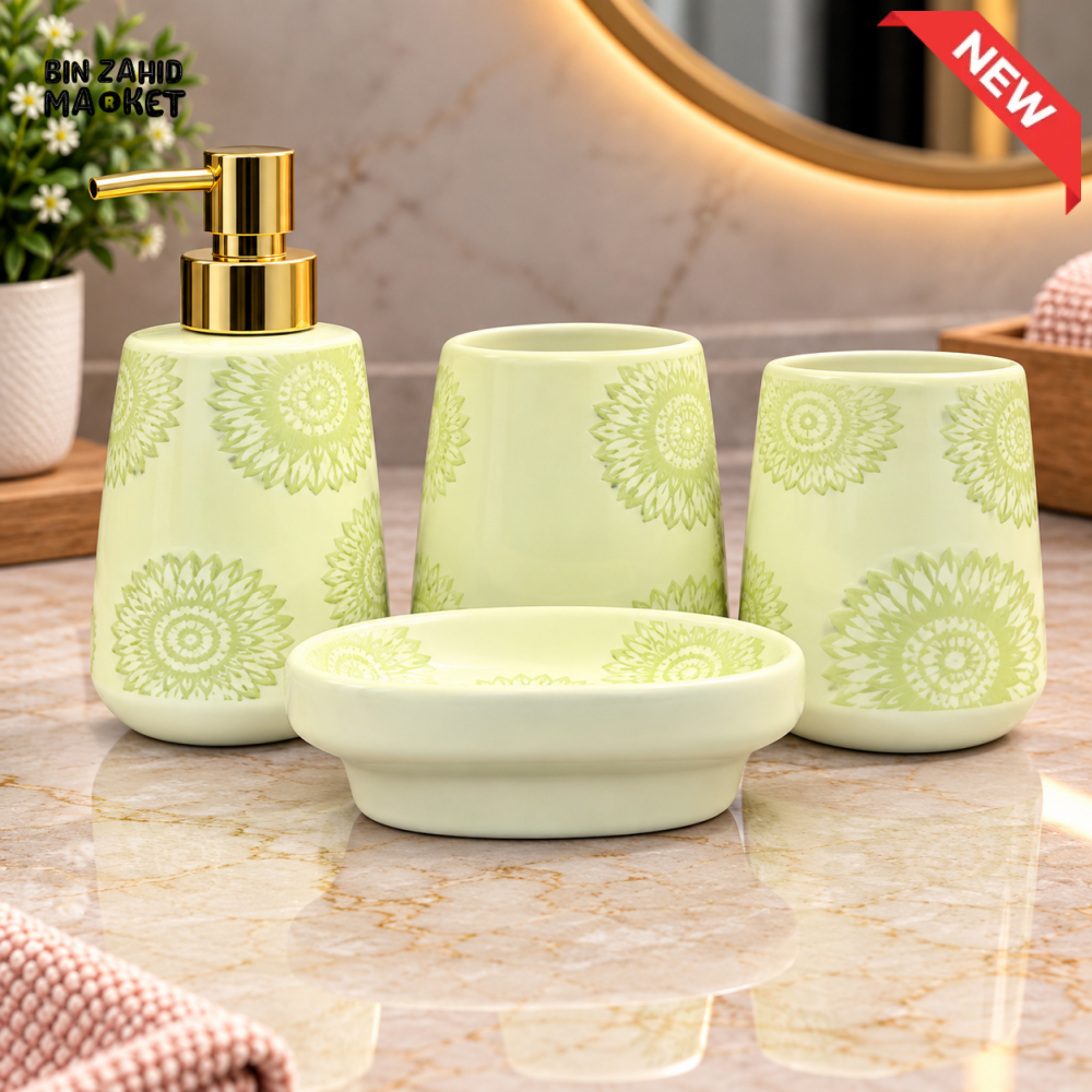 BRILLIANT 4PCS FLORAL DESIGN CERAMIC BATHROOM ACCESSORY SET - Bathroom Accessory Sets