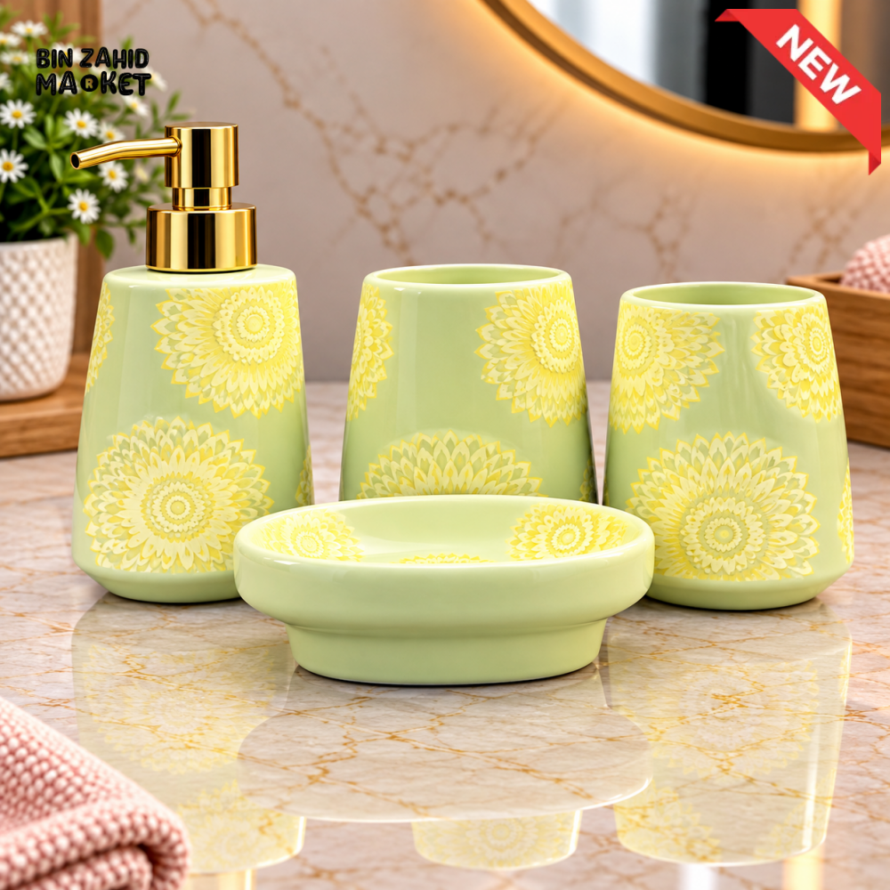 BRILLIANT 4PCS FLORAL DESIGN CERAMIC BATHROOM ACCESSORY SET - Bathroom Accessory Sets