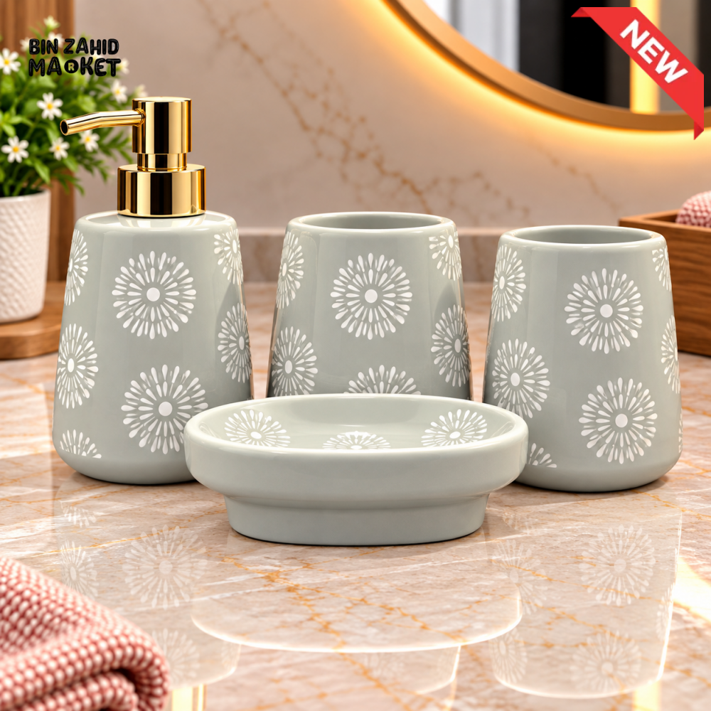 BRILLIANT 4PCS GREY FLORAL DESIGN CERAMIC BATHROOM ACCESSORY SET - Bathroom Accessory Sets