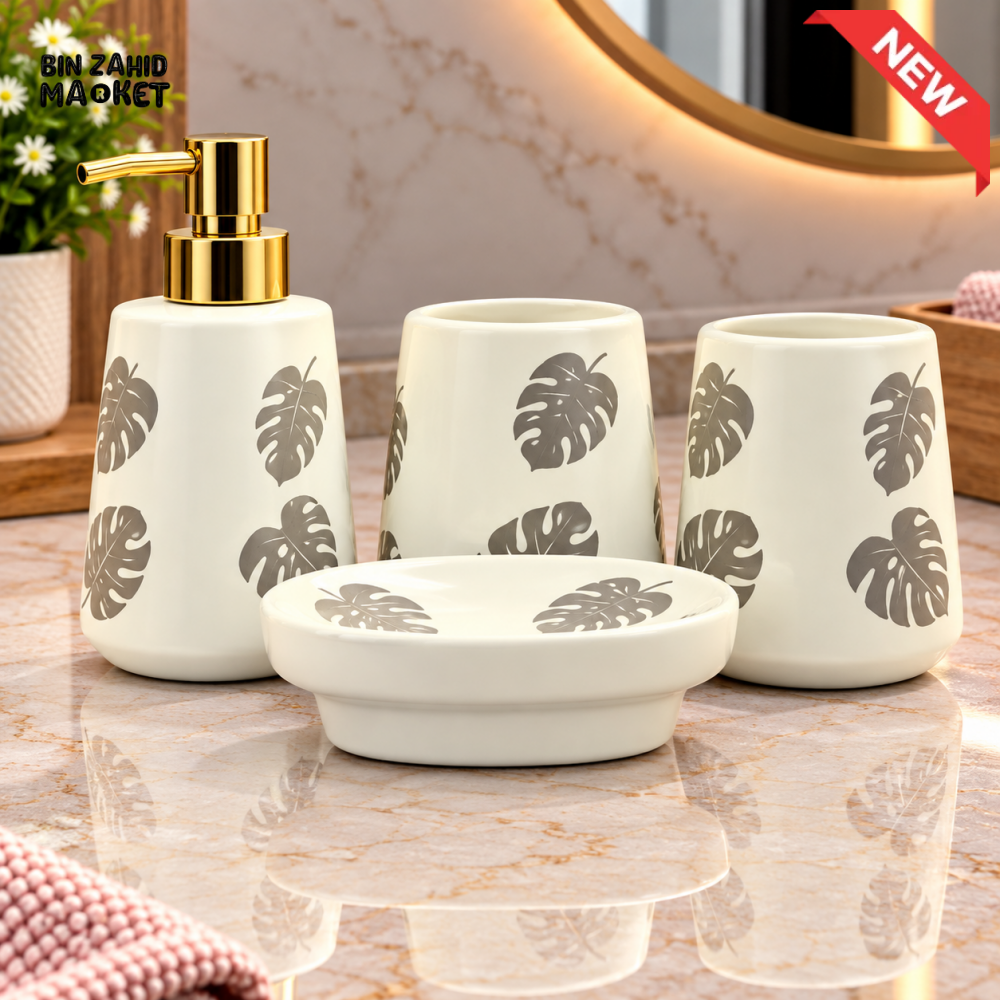 BRILLIANT 4PCS LEAF DESIGN CERAMIC BATHROOM ACCESSORY SET - Bathroom Accessory Sets