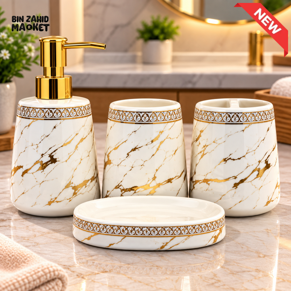 BRILLIANT 4PCS WHITE & GOLD MARBLE DESIGN CERAMIC BATHROOM ACCESSORY SET - Bathroom Accessory Sets