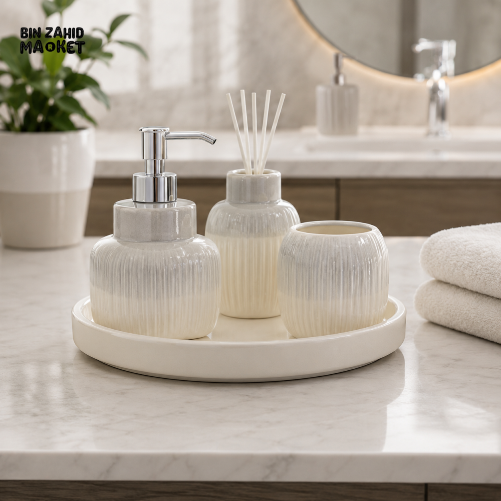 BRILLIANT BATHROOM CERAMIC BATHROOM ACCESSORY SET WITH TRAY - 4 PIECE SET
