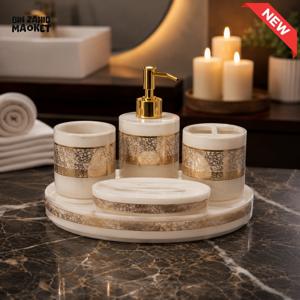 BRILLIANT BATHROOM LUXURY BATHROOM ACCESSORY SET WHITE & GOLDEN - 5 PIECE SET