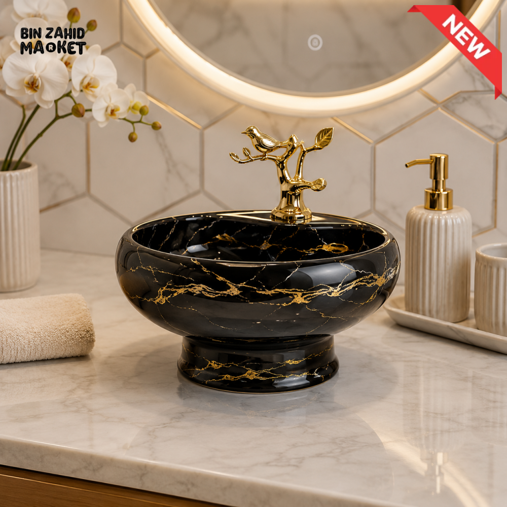 BRILLIANT BATHROOM LUXURY MARBLE WASH BASIN - BLACK & GOLDEN