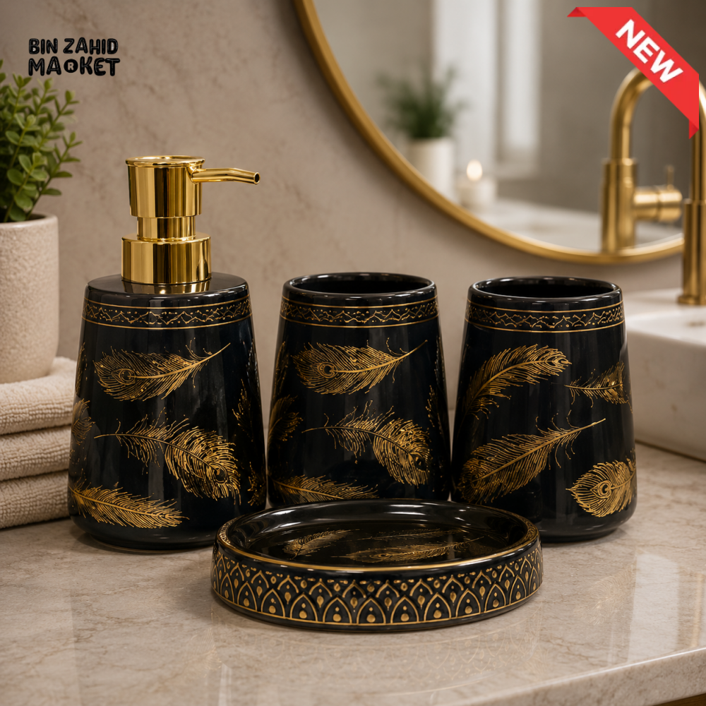 BRILLIANT BLACK FEATHER CERAMIC BATHROOM ACCESSORY SET (4 PCS)