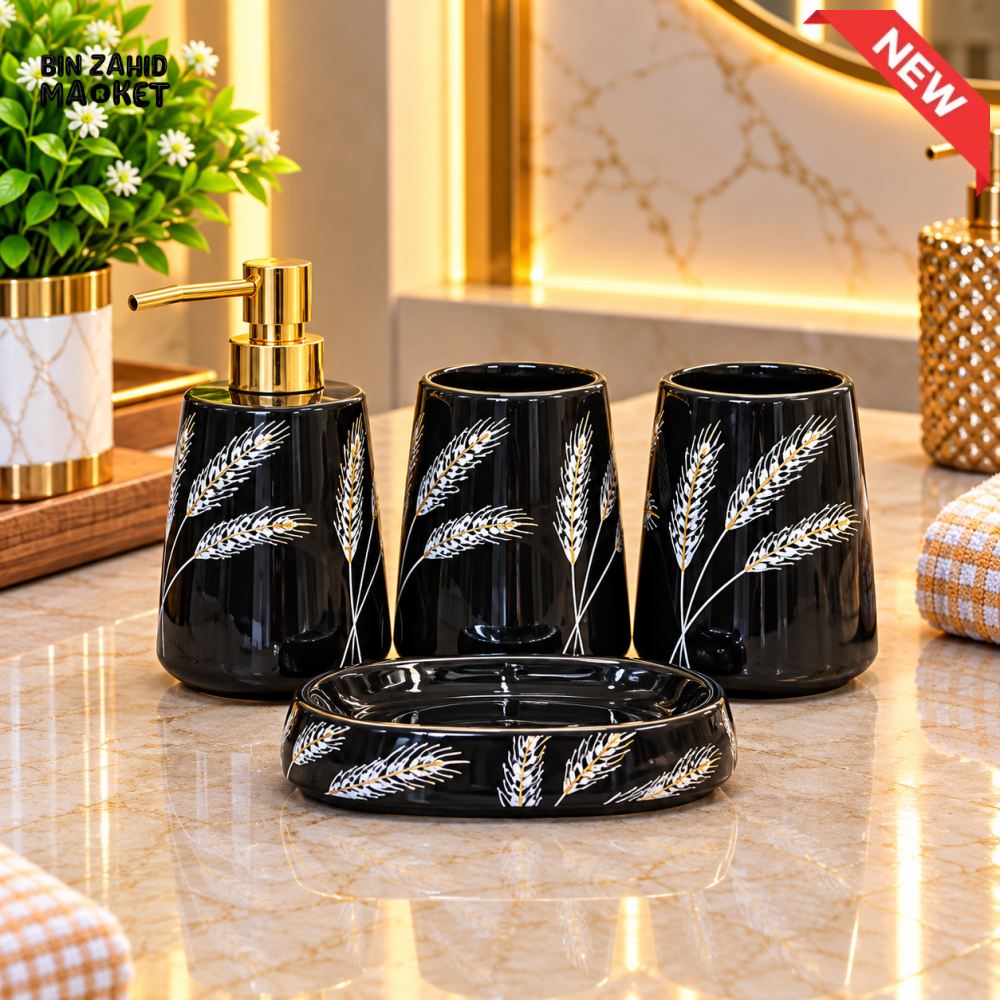 BRILLIANT BLACK FLORAL 4 PIECE BATHROOM ACCESSORY SET - Bathroom Accessory Sets