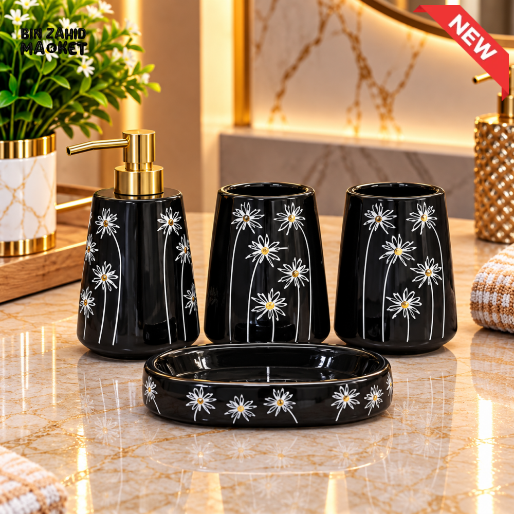 BRILLIANT BLACK FLORAL 4 PIECE BATHROOM ACCESSORY SET - Bathroom Accessory Sets