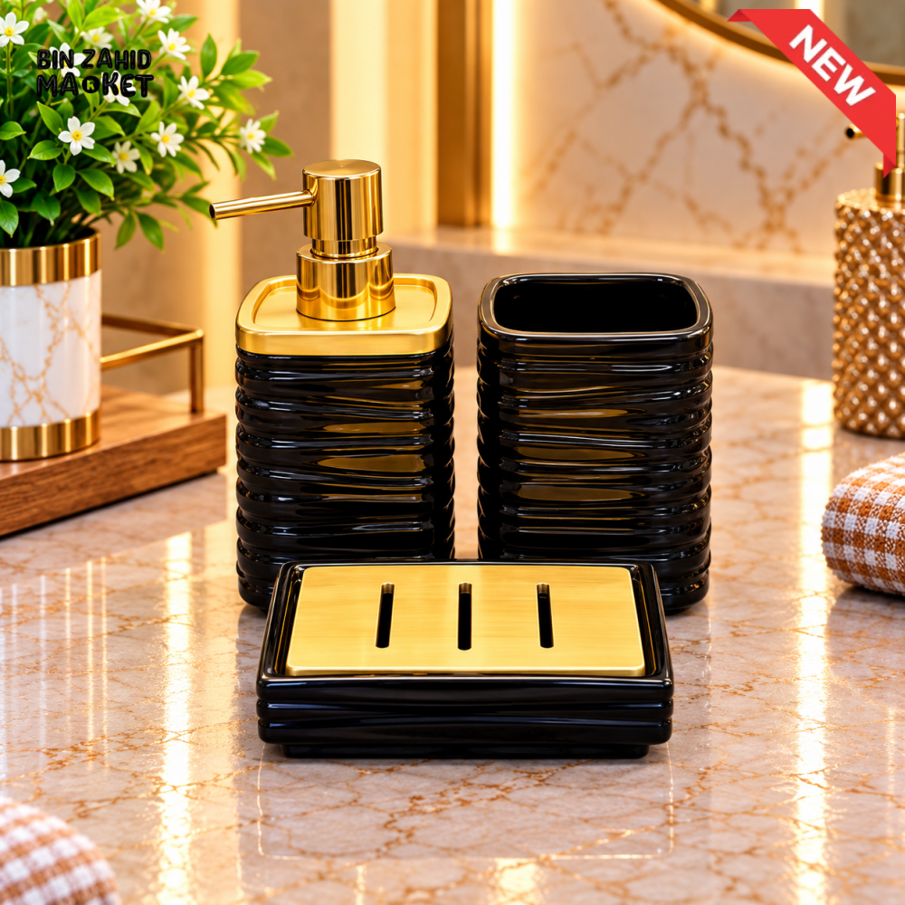 BRILLIANT BLACK & GOLD 3 PIECE BATHROOM ACCESSORY SET - Bathroom Accessory Sets