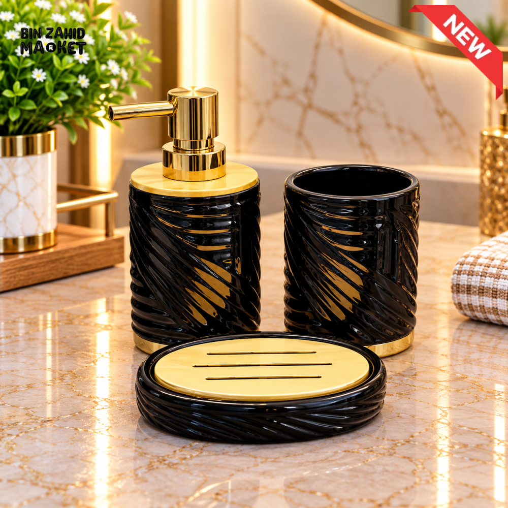 BRILLIANT BLACK & GOLD 3 PIECE BATHROOM ACCESSORY SET - Bathroom Accessory Sets