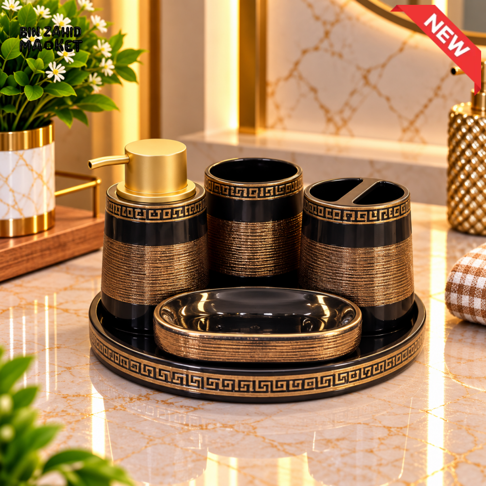 BRILLIANT BLACK & GOLD 5 PIECE BATHROOM ACCESSORY SET WITH TRAY