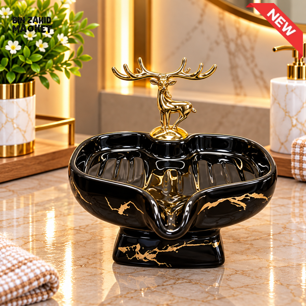 BRILLIANT BLACK & GOLD DEER DESIGN PEDESTAL SOAP DISH HOLDER - Soap Dishes