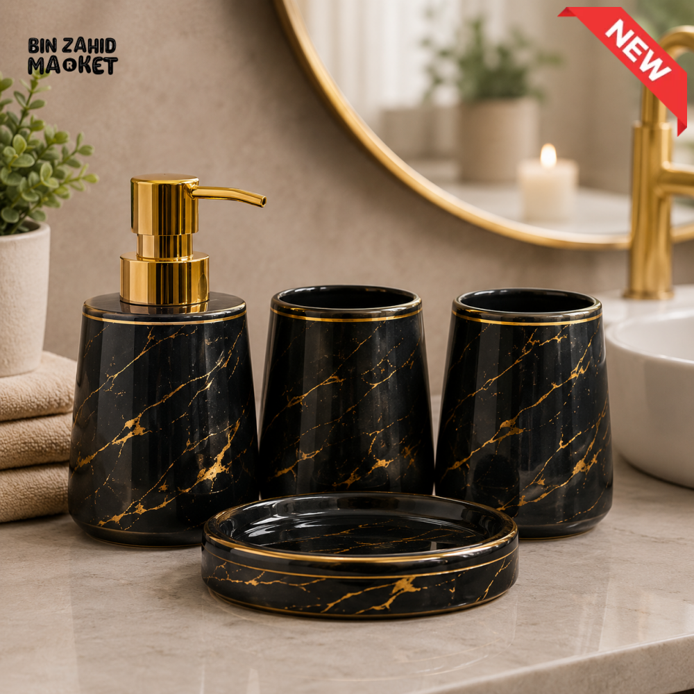 BRILLIANT BLACK MARBLE CERAMIC BATHROOM ACCESSORY SET (4 PCS)