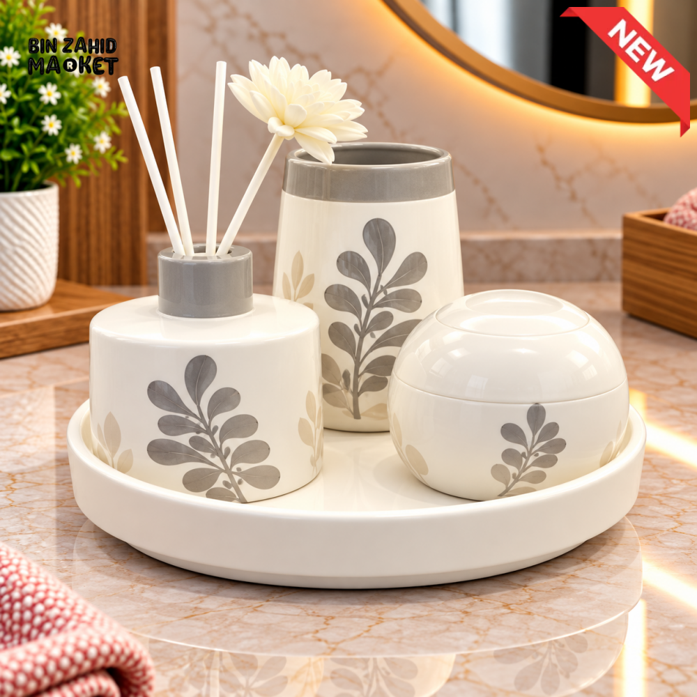 BRILLIANT BOTANICAL DESIGN CERAMIC BATHROOM ACCESSORY SET WITH ROUND TRAY - Bathroom Accessory Sets