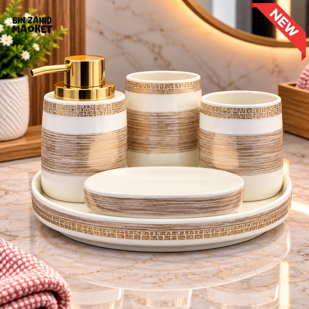 BRILLIANT CERAMIC BATHROOM ACCESSORY SET WITH ROUND TRAY - Bathroom Accessory Sets
