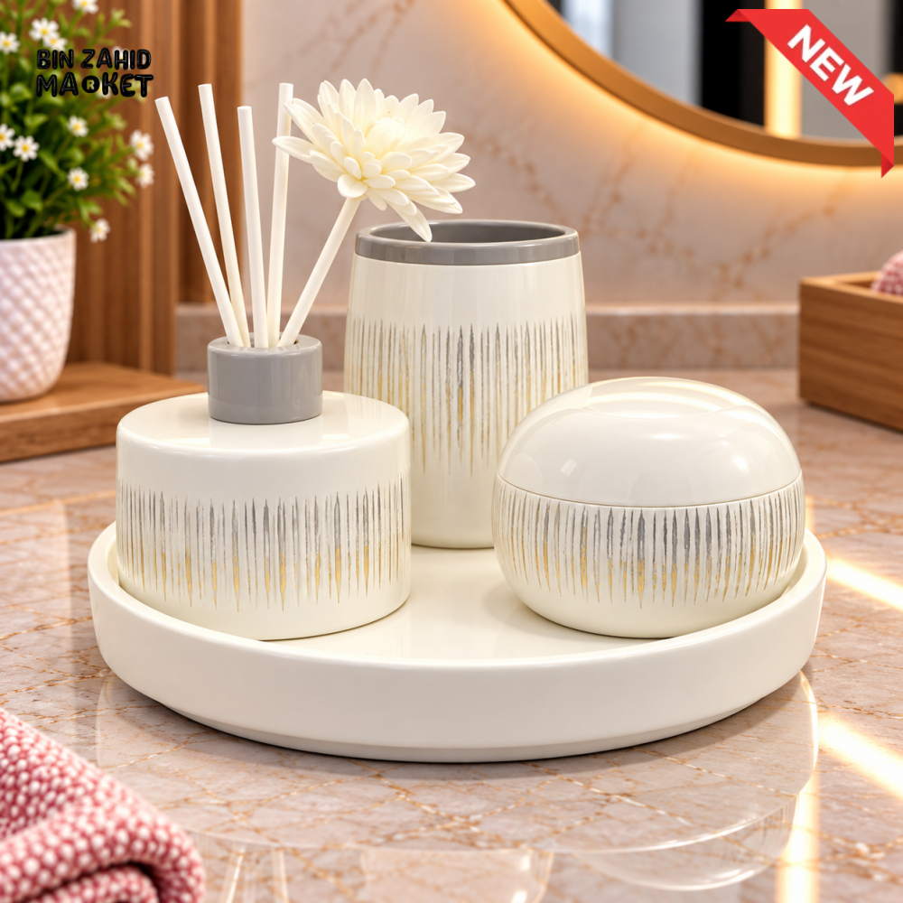 BRILLIANT CERAMIC BATHROOM ACCESSORY SET WITH ROUND TRAY - Bathroom Accessory Sets