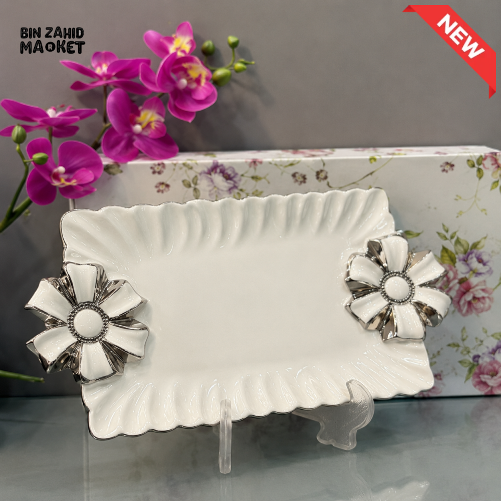 BRILLIANT CERAMIC DECORATIVE SERVING TRAY 11 INCH – SILVER FLOWER DESIGN