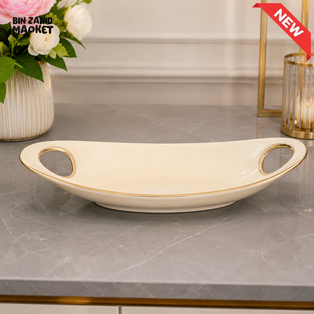 BRILLIANT CERAMIC SERVING PLATTER WITH GOLDEN HANDLES 17 INCH - OVAL SHAPE
