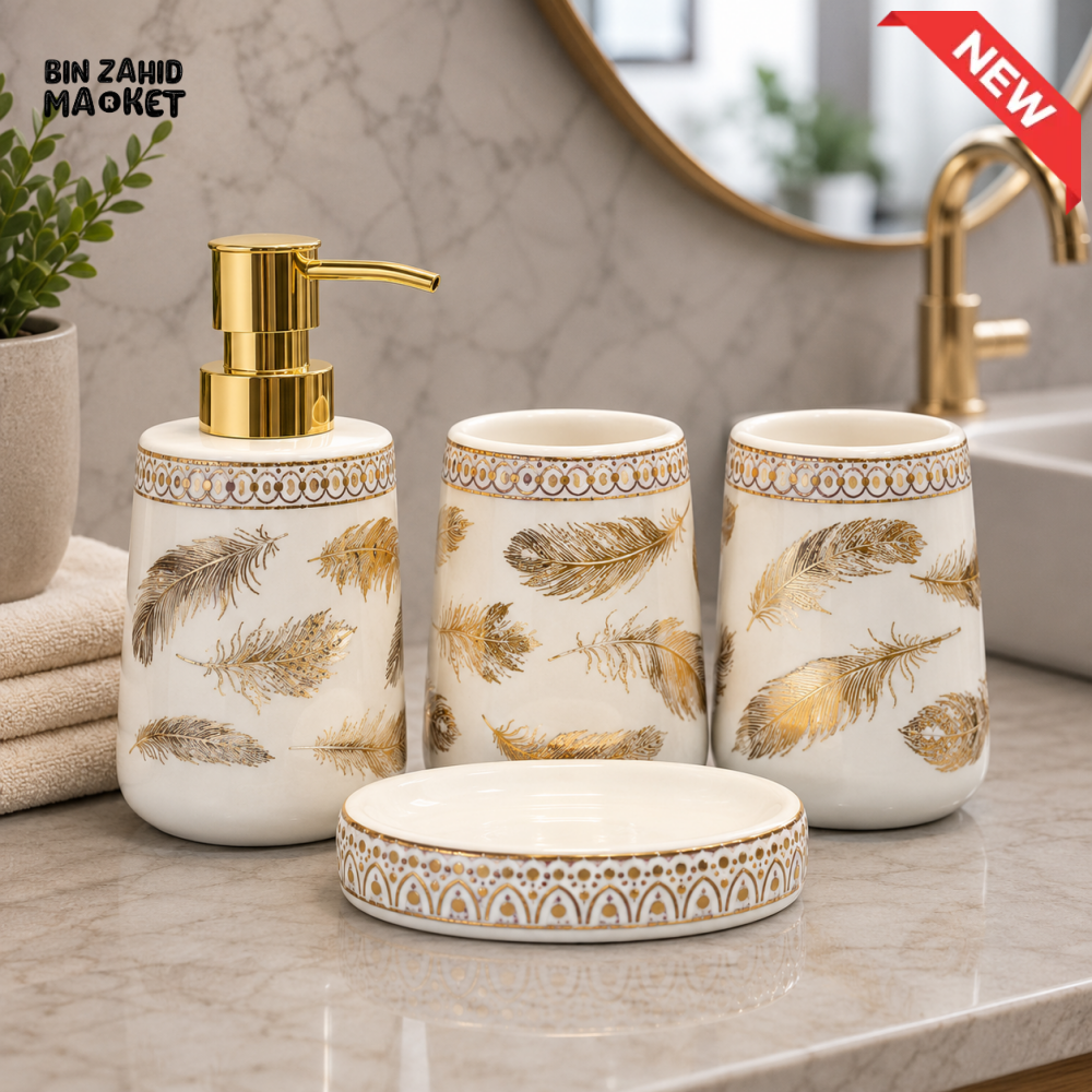 BRILLIANT FEATHER PRINT CERAMIC BATHROOM ACCESSORY SET (4 PCS)